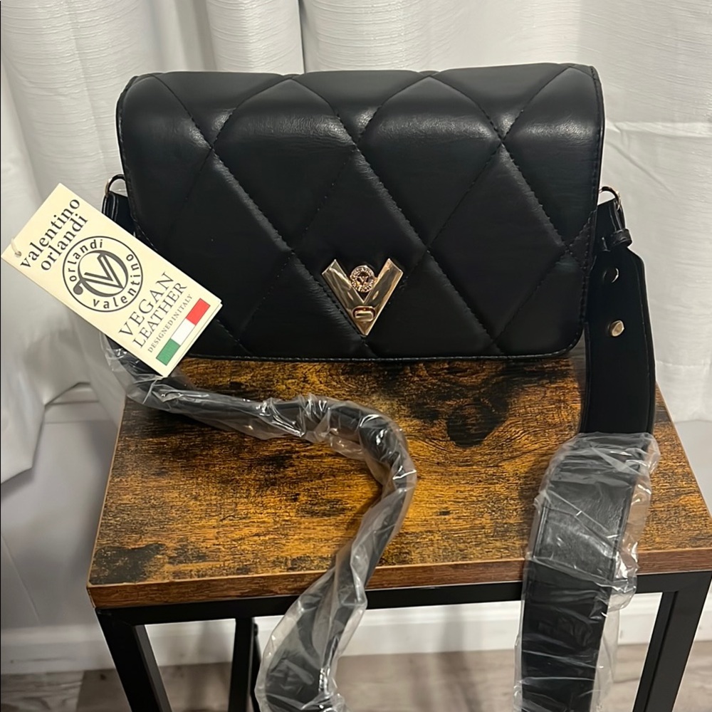 NWT Valentino Orlandi Black Quilted Crossbody Bag with Leather Guitar Strap